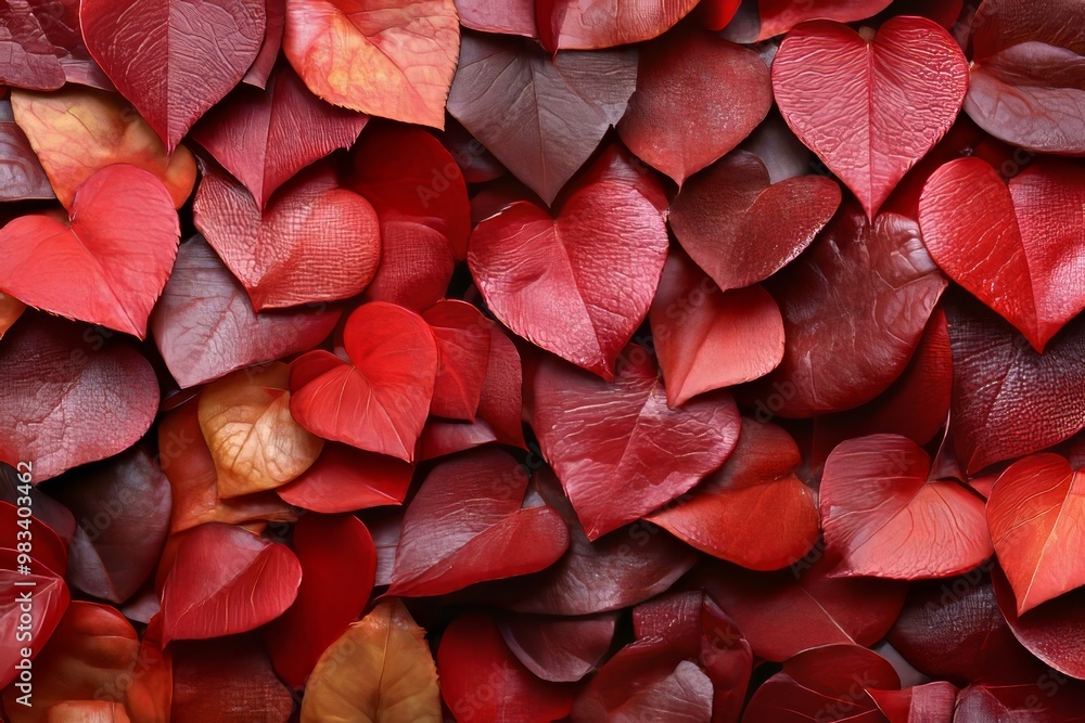 Red Heart-Shaped Leaves Pattern, Romantic Nature Background, Valentines Day Concept. Red Heart-Shaped Leaves Pattern, Romantic Nature Background, Valentines Day Concept.