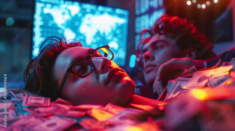 Obraz premium Young Man in High-Tech Office with Money and Digital World Map