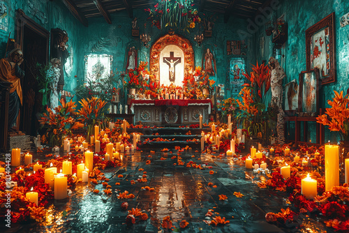 Fototapeta Naklejka Na Ścianę i Meble -  A reflective scene of a quiet Day of the Dead ceremony in a small chapel, with soft lighting and meaningful symbols honoring those who have passed.