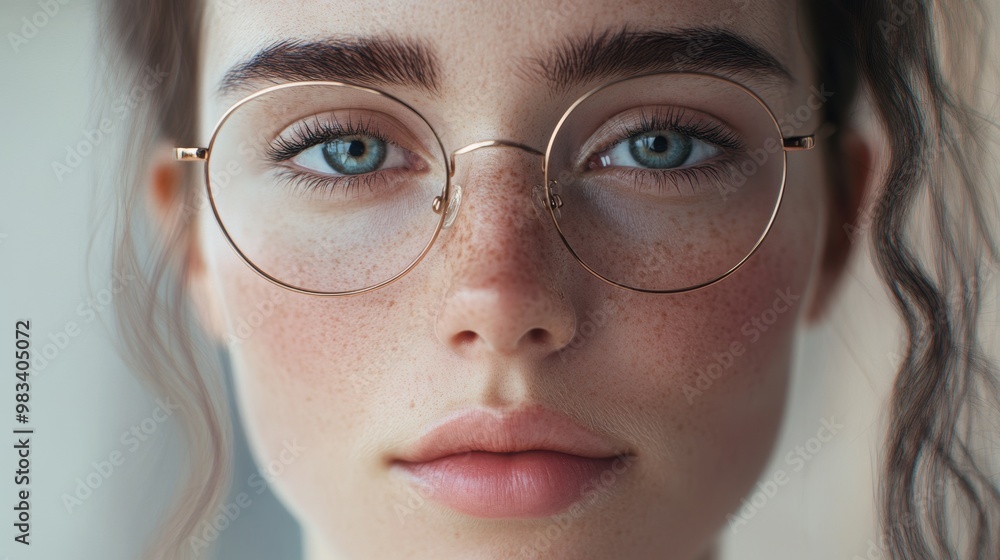 Close-up portrait of a young woman with glasses and freckles Close-up portrait of a young woman with glasses and freckles