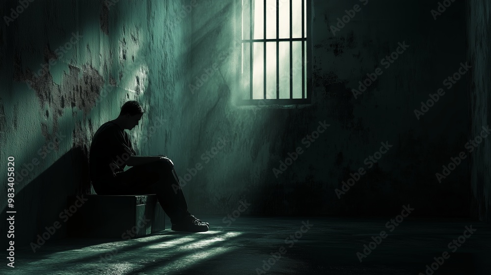 A solitary figure sits in a dimly lit cell, illuminated by beams of light filtering through barred windows during the night A solitary figure sits in a dimly lit cell, illuminated by beams of light filtering through barred windows during the night
