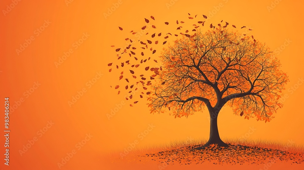 Orange autumn leaves falling from a bare tree against a vibrant orange sky. Orange autumn leaves falling from a bare tree against a vibrant orange sky.