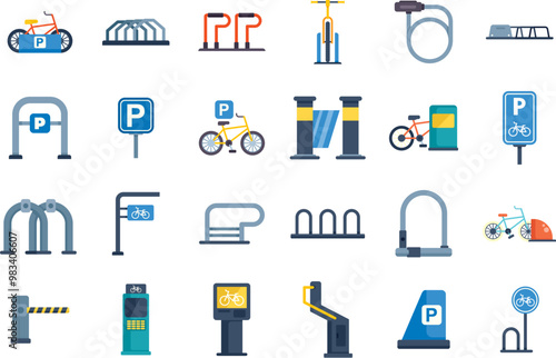 Bicycle parking icon set featuring parking lots, signs, and equipment for safe and secure bicycle storage