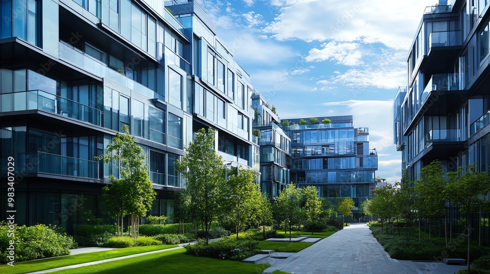 Modern apartment complex with glass balconies and lush greenery. Modern apartment complex with glass balconies and lush greenery.