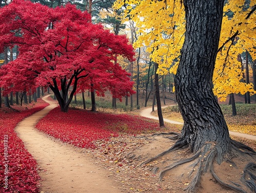 autumn in the park, red and yellow tree leaves, jogging walking trails, beautiful fall park for outdoor activities. background for promoting active living style, backdrop for sport clothing shoes ad photo