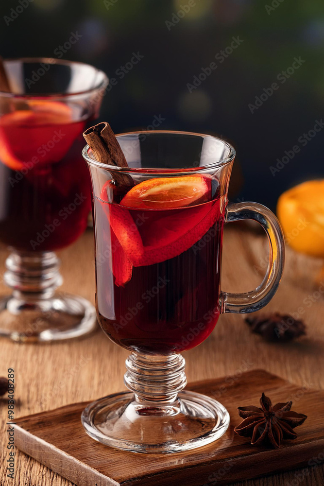 Mulled wine with orange and cinnamon in a glass glass. Hot wine with cinnamon. Warming winter drink with orange and cinnamon. Hot tea with orange and cinnamon. Mulled wine with orange and cinnamon in a glass glass. Hot wine with cinnamon. Warming winter drink with orange and cinnamon. Hot tea with orange and cinnamon.