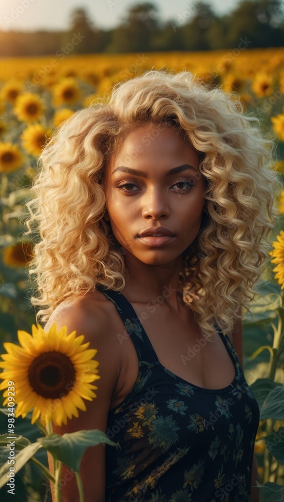 Young Woman with Curly Hair in Floral Top Posing in Sunflower Field Young Woman with Curly Hair in Floral Top Posing in Sunflower Field