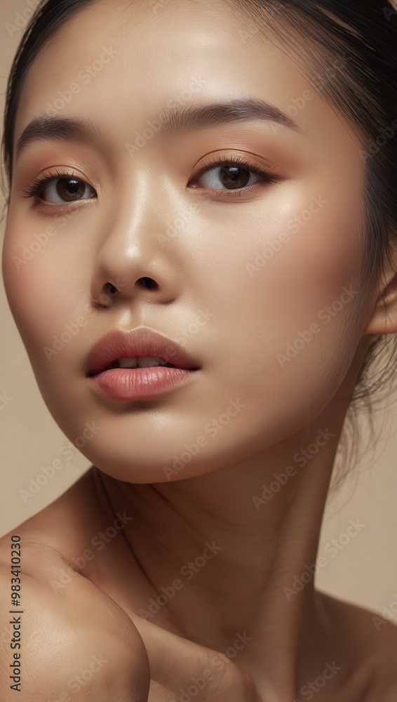 Naklejka premium East Asian Woman with Subtle Makeup and Gradient Background