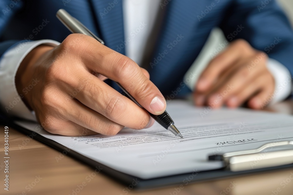 A man in a suit is signing a document, generative ai image A man in a suit is signing a document, generative ai image