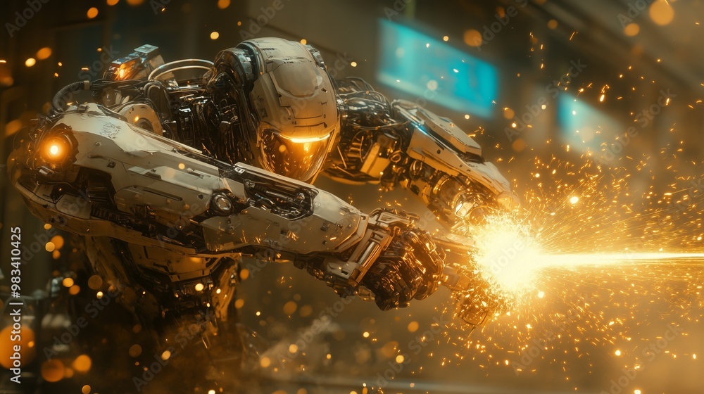 A highly detailed image of a futuristic combat robot engaged in action, releasing a burst of bright sparks. A highly detailed image of a futuristic combat robot engaged in action, releasing a burst of bright sparks.
