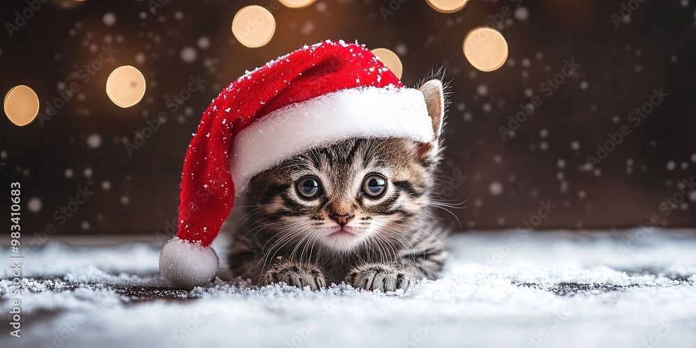 Kitten wearing Santa hat in the winter snow for Christmas 2024 Kitten wearing Santa hat in the winter snow for Christmas 2024