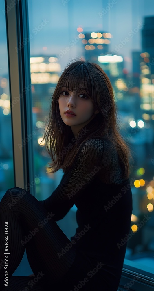 A beautiful Japanese woman with brown hair and bangs, wearing black... A beautiful Japanese woman with brown hair and bangs, wearing black...