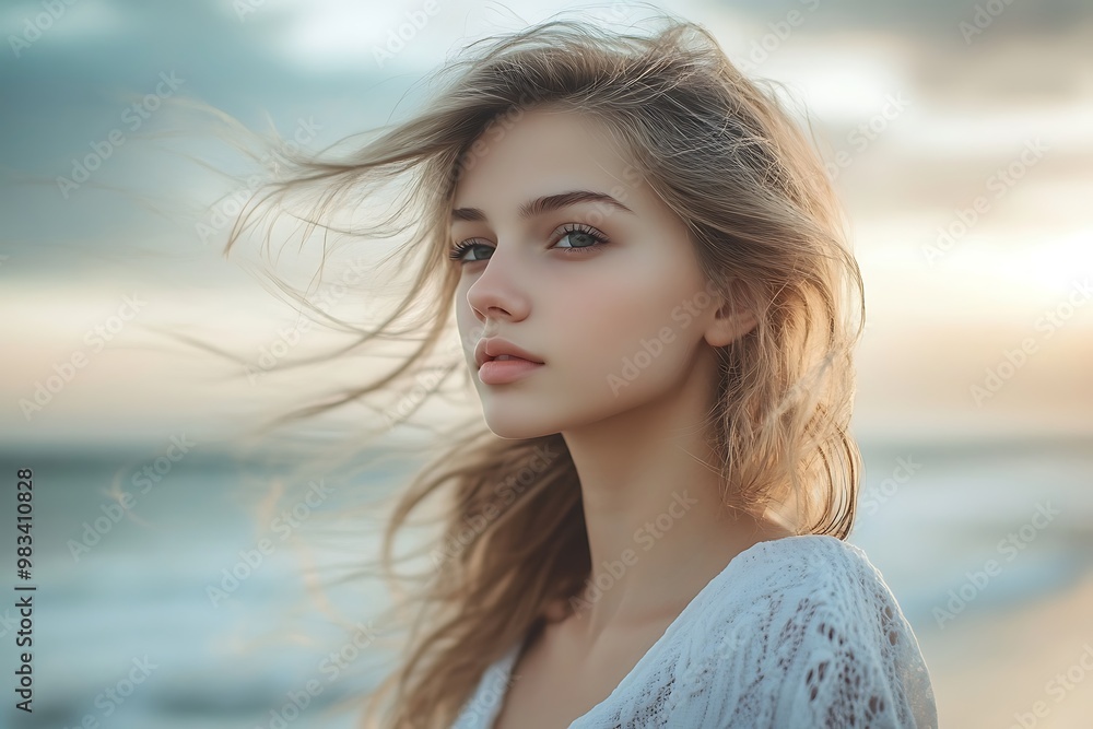 Young Woman with Long Blonde Hair Looking at Camera in Wind Young Woman with Long Blonde Hair Looking at Camera in Wind
