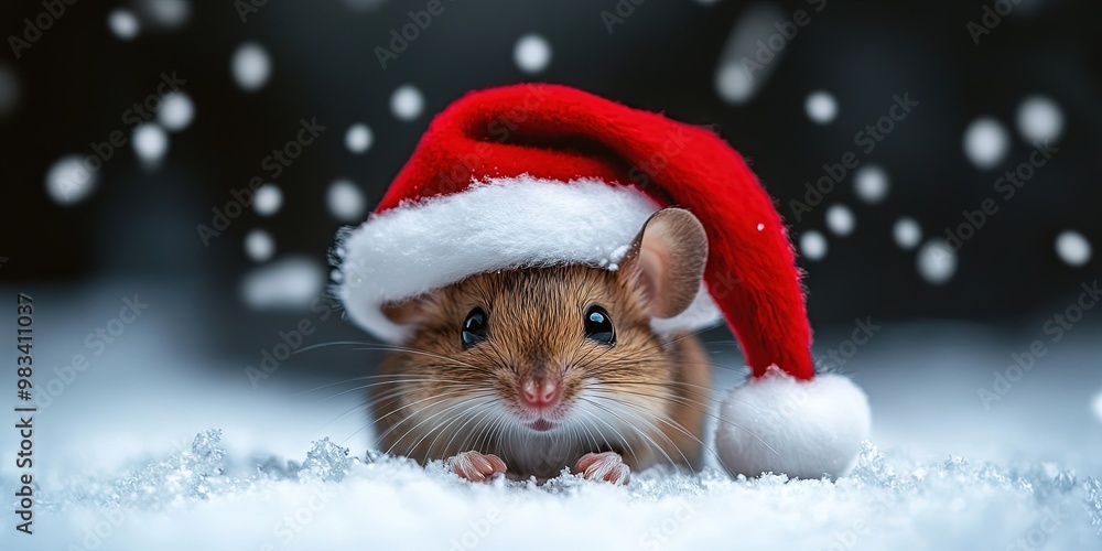Mouse wearing Santa hat in the winter snow for Christmas 2024 Mouse wearing Santa hat in the winter snow for Christmas 2024