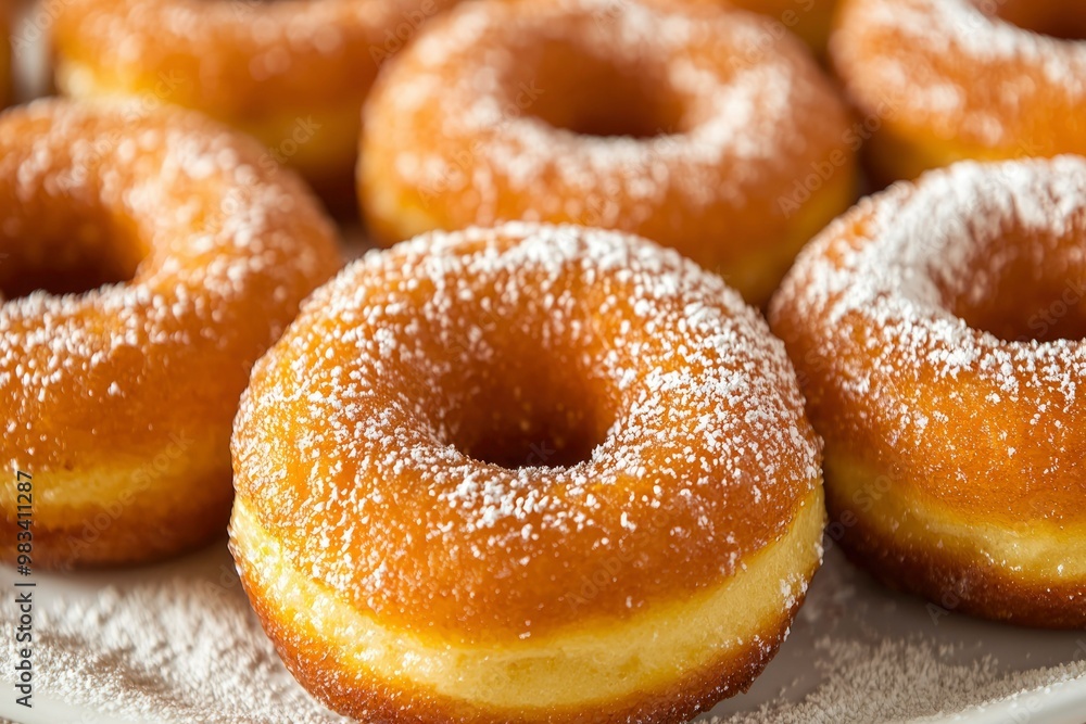 Close-Up of Powdered Sugar Donuts on a White Plate Close-Up of Powdered Sugar Donuts on a White Plate