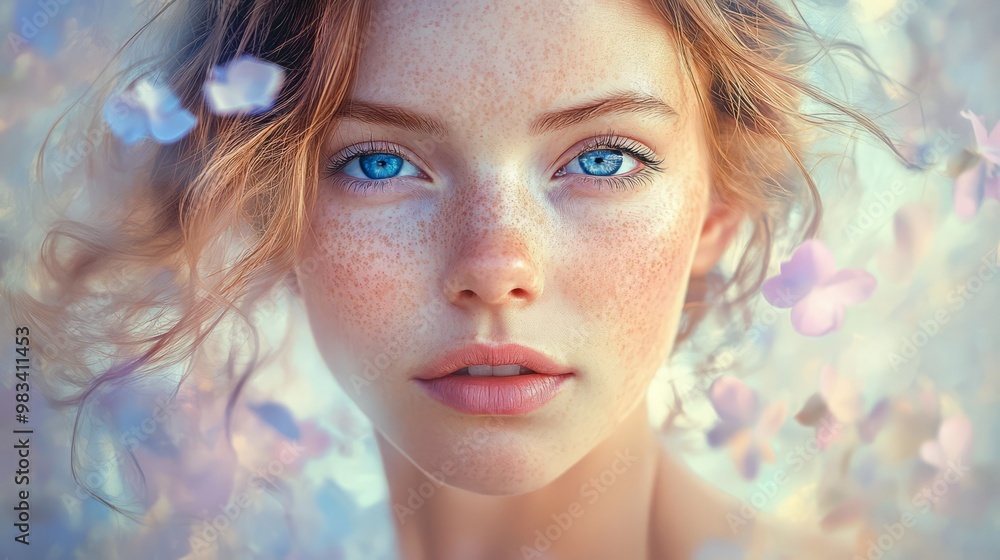 Ethereal Beauty Portrait with Blue Eyes and Floral Background Ethereal Beauty Portrait with Blue Eyes and Floral Background