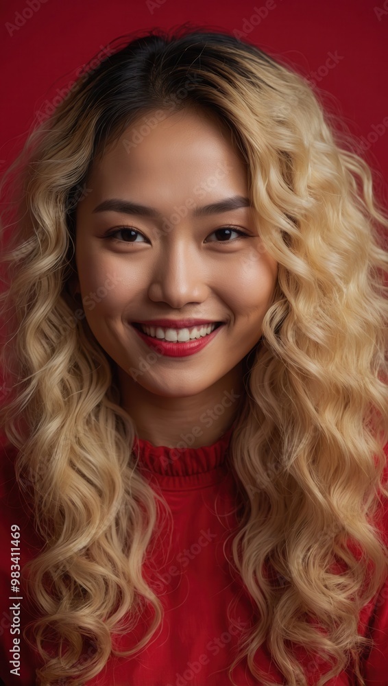 Blonde Woman in Red Sweater Smiling Against Grey Background Blonde Woman in Red Sweater Smiling Against Grey Background
