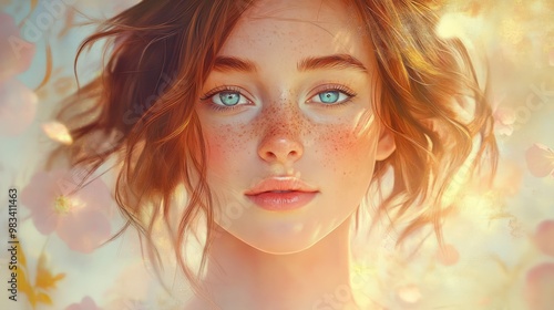 Ethereal Portrait of a Young Woman with Freckles and Blue Eyes