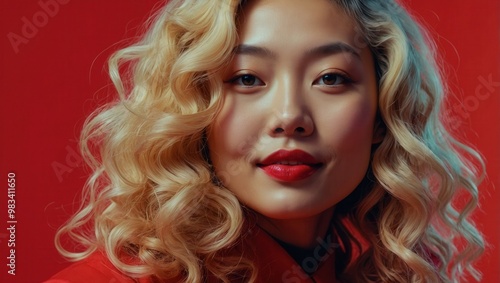 Smiling Blonde Woman With Voluminous Curly Hair