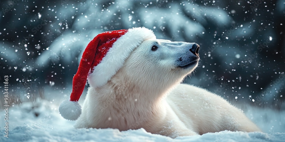 Polar bear wearing Santa hat in the winter snow for Christmas 2024 Polar bear wearing Santa hat in the winter snow for Christmas 2024