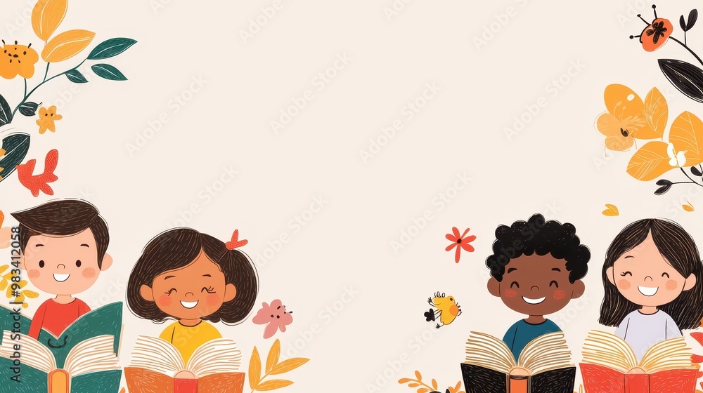 Children Reading Books with Flowers Illustration Children Reading Books with Flowers Illustration