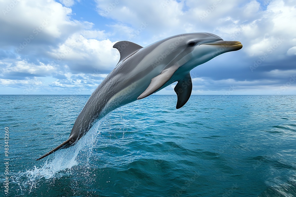 Fototapeta premium Grey dolphin, leaping gracefully out of the ocean under a cloudy sky