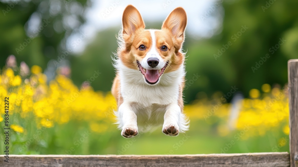 Happy Pembroke Welsh Corgi Jumping Over Fence in Field Happy Pembroke Welsh Corgi Jumping Over Fence in Field