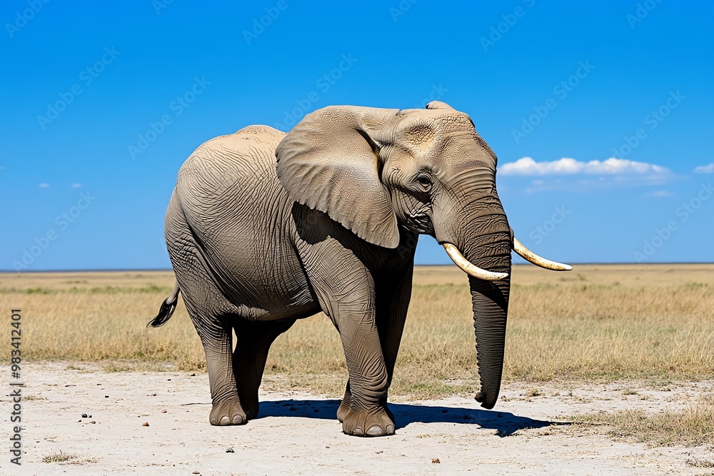 Fototapeta premium Grey elephant, walking through the savannah, its skin weathered and ancient