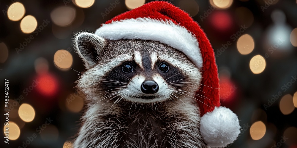 Raccoon wearing Santa hat in the winter snow for Christmas 2024 Raccoon wearing Santa hat in the winter snow for Christmas 2024