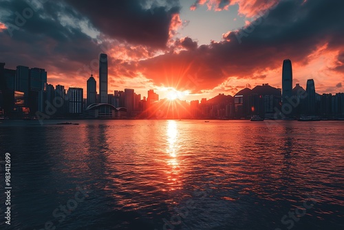 Cityscape Silhouette at Sunset with Dramatic Clouds and Reflection on Water