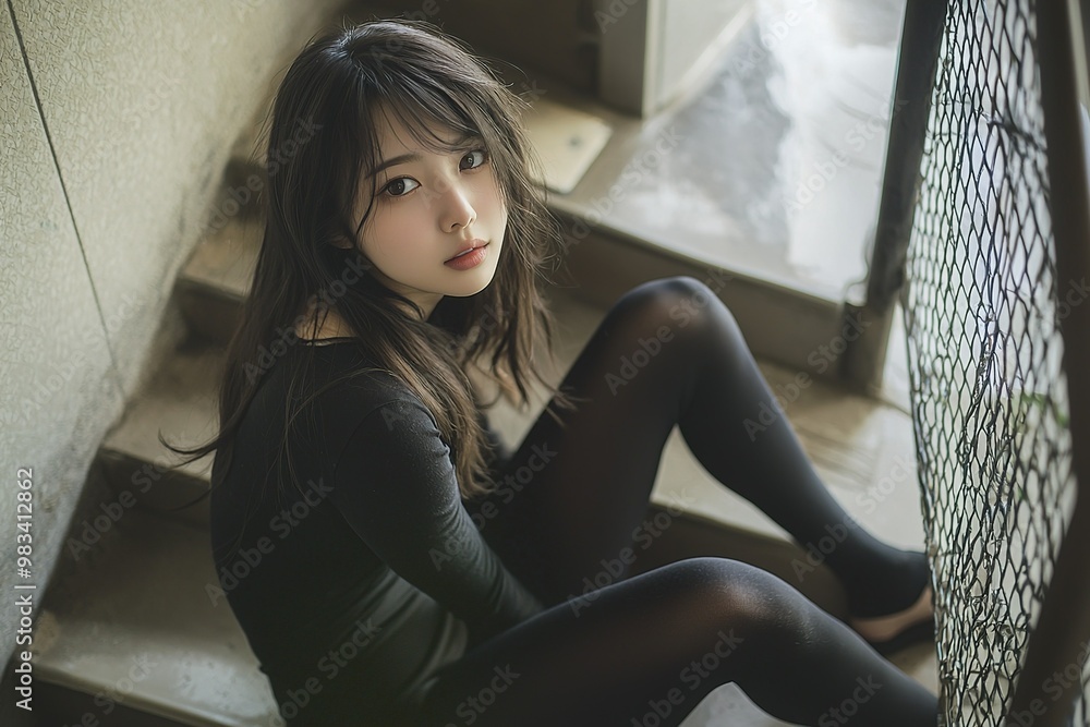 Japanese beauty, wearing black tights and long sleeves, sitting on the stairs... Japanese beauty, wearing black tights and long sleeves, sitting on the stairs...