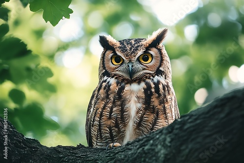 Close up of a Great Horned Owl perched on a tree branch in a forest