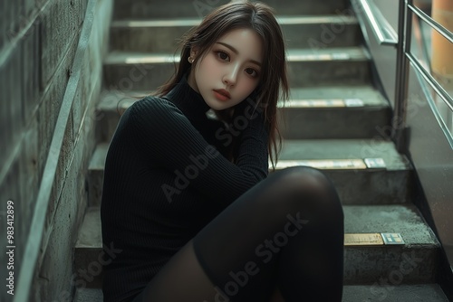 Japanese beauty, wearing black tights and long sleeves, sitting on the stairs...