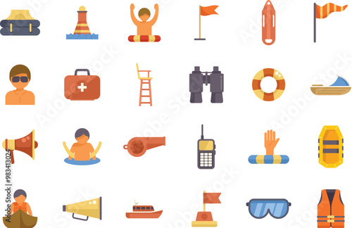 Collection of colorful icons representing lifeguard equipment, safety measures, and rescue items for summer beachgoers