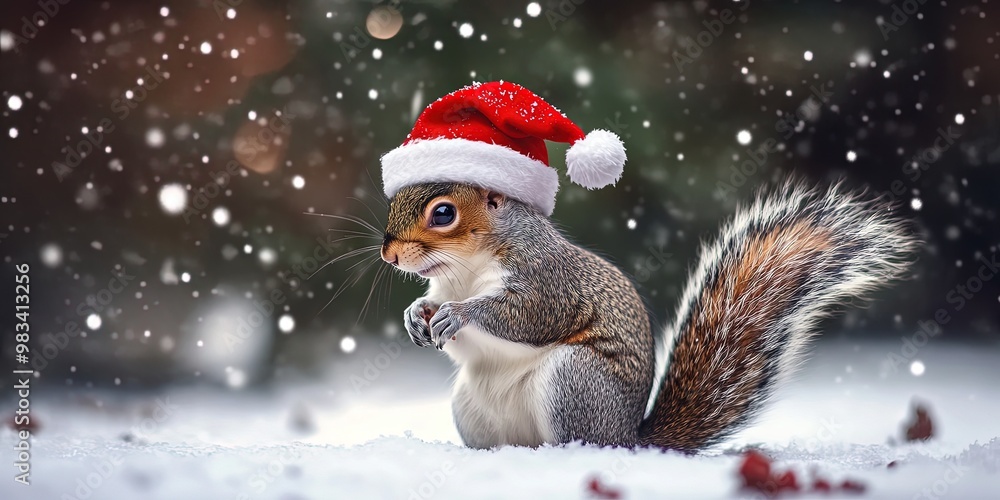 Squirrel wearing Santa hat in the winter snow for Christmas 2024 Squirrel wearing Santa hat in the winter snow for Christmas 2024