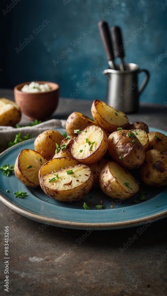 Roasted Potatoes With Herbs and Condiments in Blue Bowl Roasted Potatoes With Herbs and Condiments in Blue Bowl