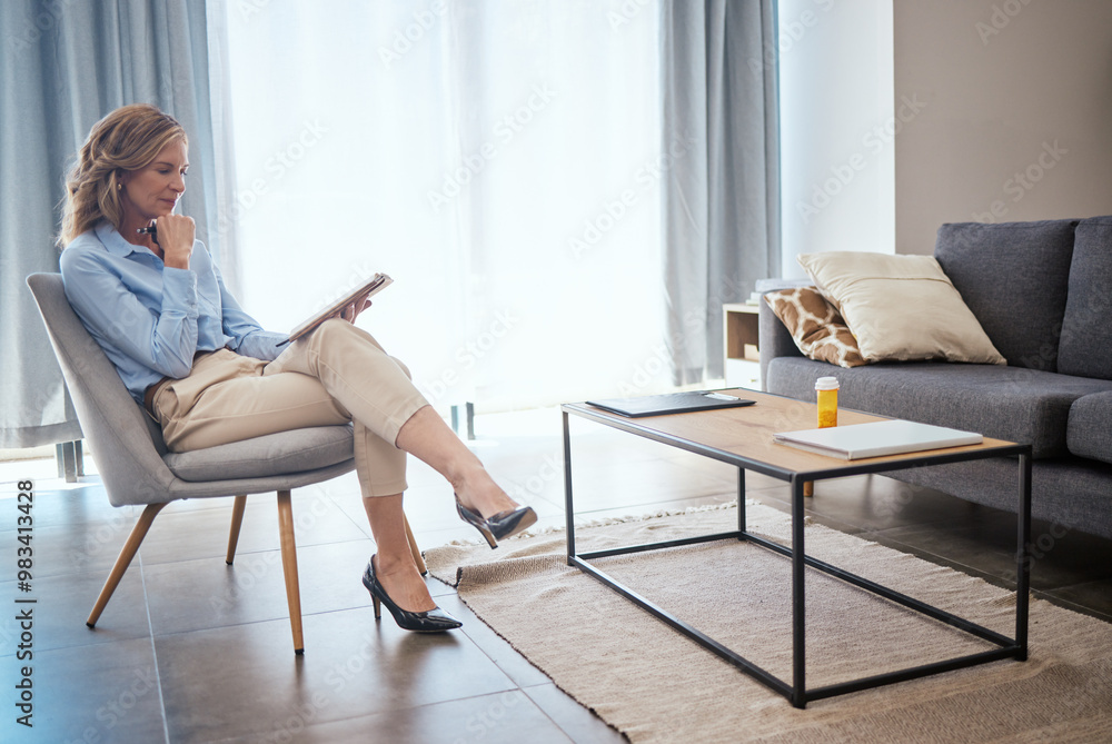 Notebook, psychology and thinking with woman therapist in office for counseling or mental health. Healthcare, idea and medicine with professional counselor on chair for consulting or therapy Notebook, psychology and thinking with woman therapist in office for counseling or mental health. Healthcare, idea and medicine with professional counselor on chair for consulting or therapy