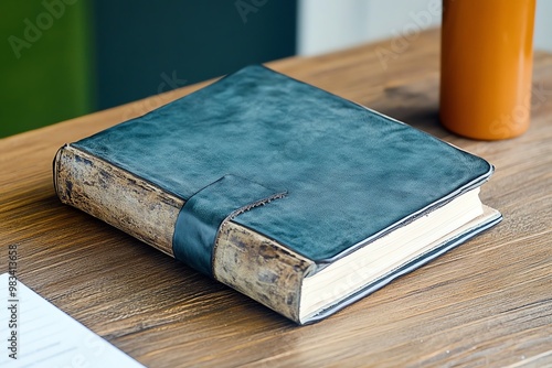 Grey leather journal, worn from use, lying open on a wooden desk