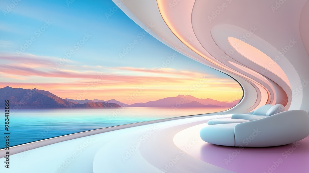A futuristic lounge chair with a view of the ocean and mountains, AI A futuristic lounge chair with a view of the ocean and mountains, AI