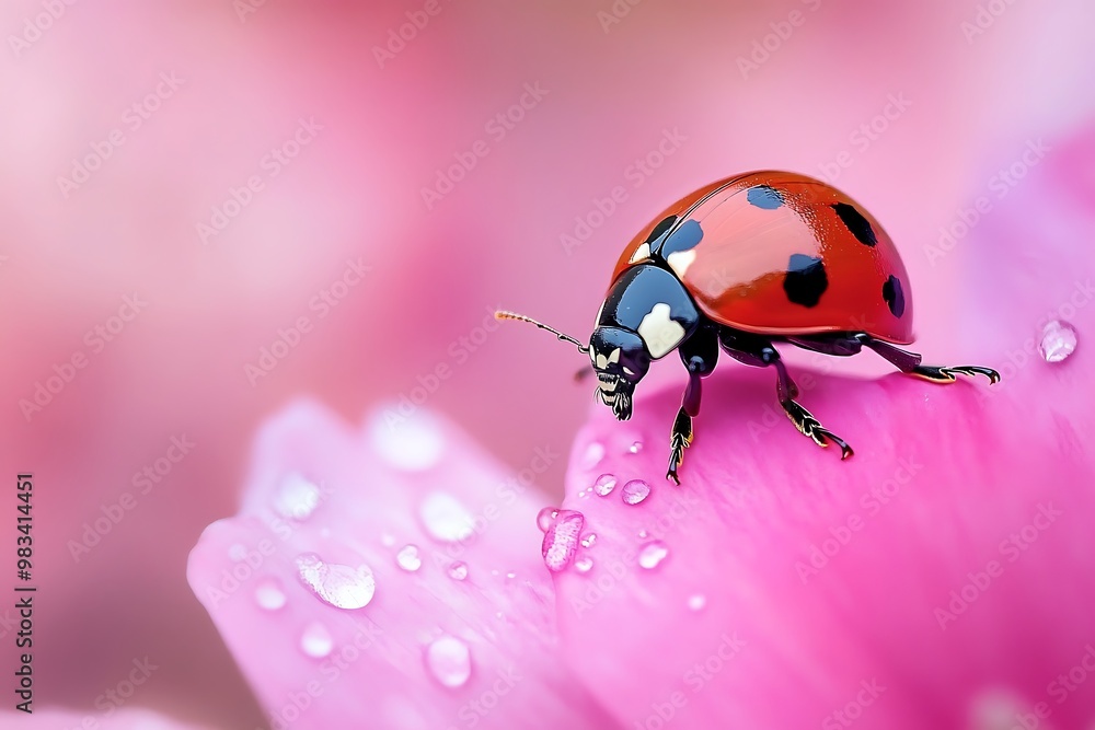 Obraz premium Close up of ladybug on pink flower petal with raindrops