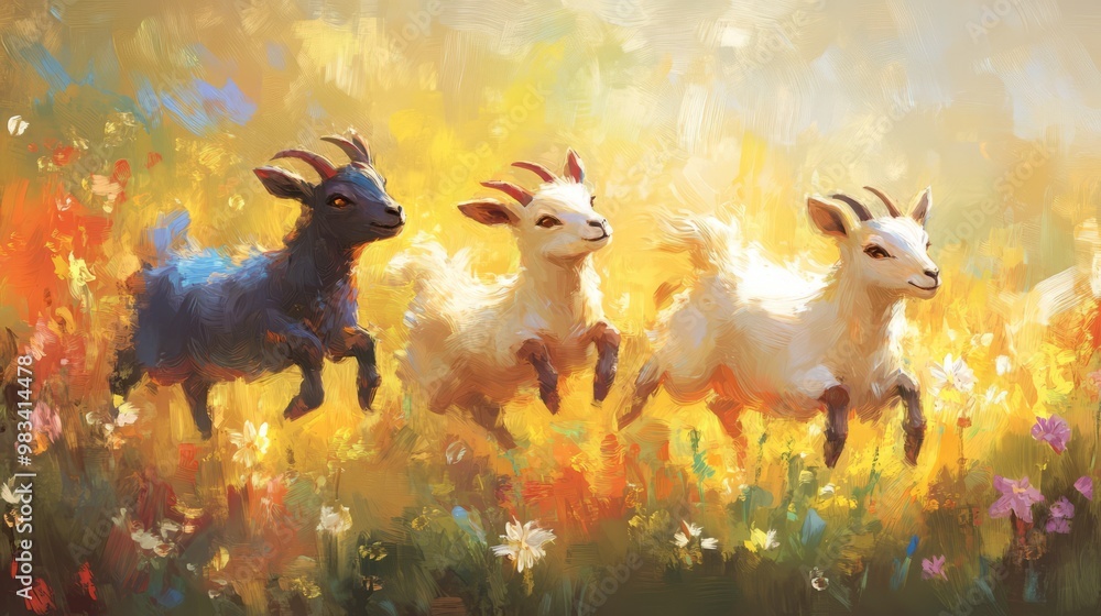Playful Goats in a Colorful Meadow Playful Goats in a Colorful Meadow