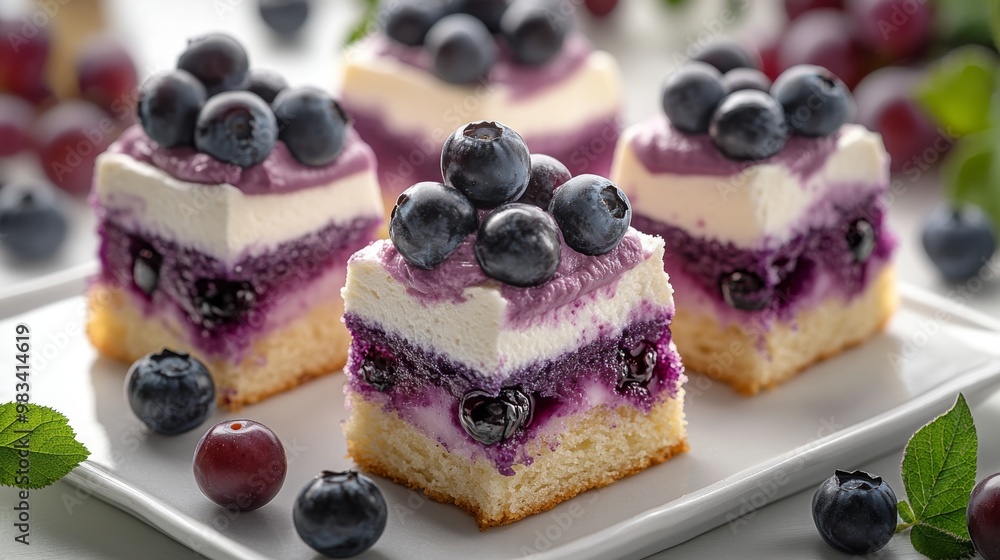 Mini blueberry muffin mix cake in purple and white colors. Cupcakes with cream cheese on top with blueberries and grapes in irresistible close-up. Mini blueberry muffin mix cake in purple and white colors. Cupcakes with cream cheese on top with blueberries and grapes in irresistible close-up.