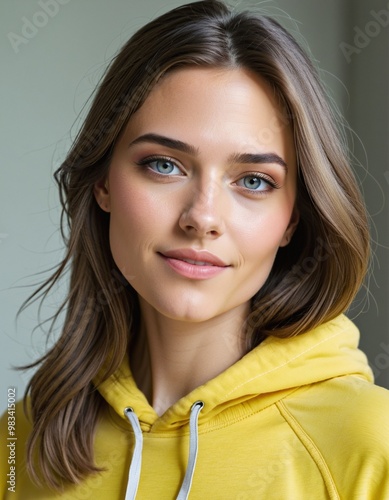 Wallpaper Mural Close-Up Portrait of a Young Woman in Yellow Hoodie Torontodigital.ca