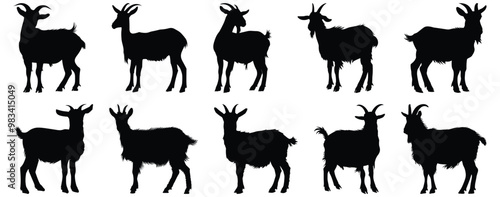 Goat silhouettes set, animal pack of vector silhouette design, isolated background
