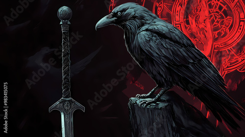 In modern illustrations pagan norse design with raven sword and runes on a black background. Norse Mythology. Illustration