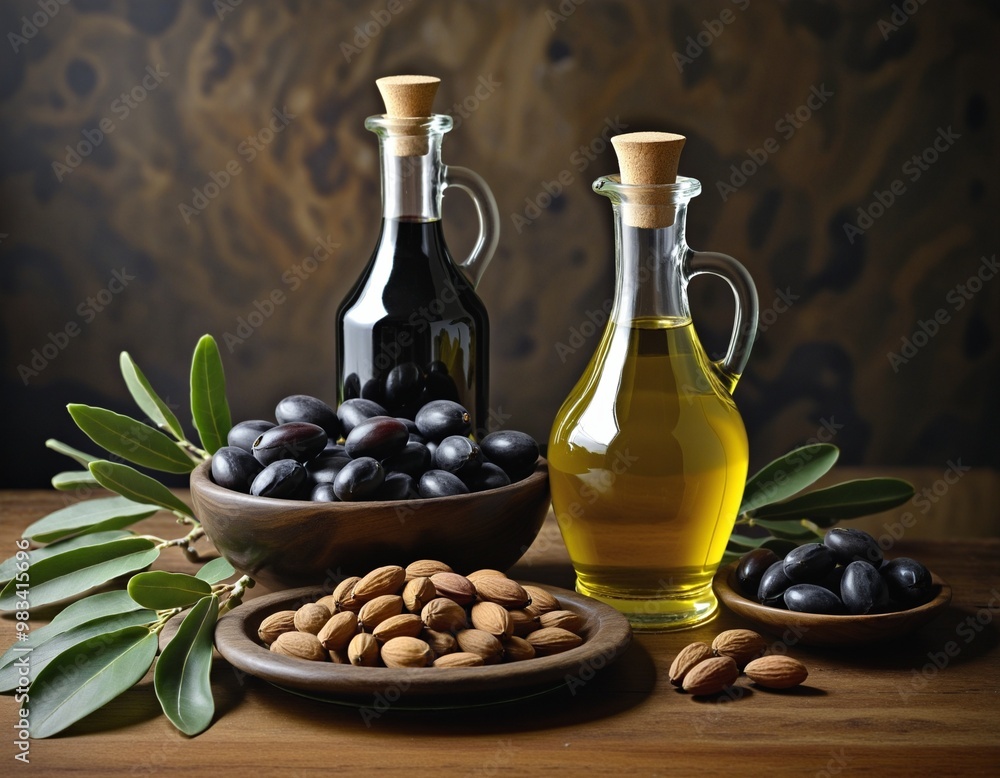 Assorted Oils and Nuts on a Rustic Table Assorted Oils and Nuts on a Rustic Table