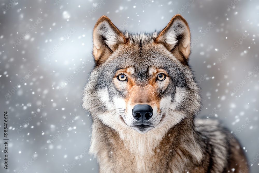 Grey wolf standing majestically against a snowy backdrop, eyes piercing through the mist Grey wolf standing majestically against a snowy backdrop, eyes piercing through the mist