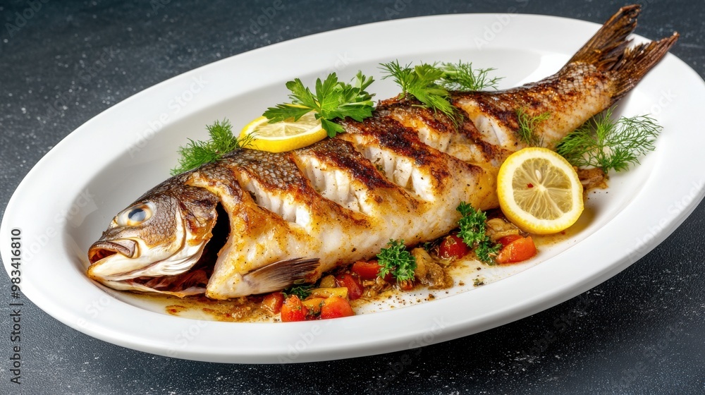 A fish is on a white plate with lemon slices and herbs, AI A fish is on a white plate with lemon slices and herbs, AI
