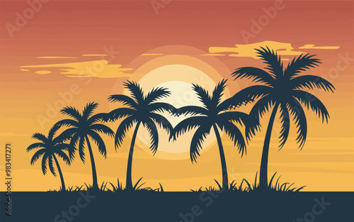 Palm Tree Silhouettes with Sunrise Vector