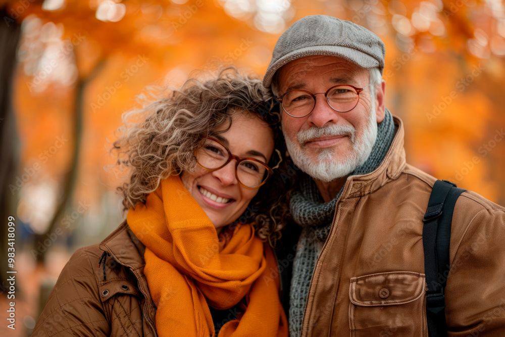 Portrait of couple of gray-haired mature smiling people, man with beard in cap and Caucasian woman with curly hair with orange scarf in autumn park. Today's active pensioners enjoying life Portrait of couple of gray-haired mature smiling people, man with beard in cap and Caucasian woman with curly hair with orange scarf in autumn park. Today's active pensioners enjoying life
